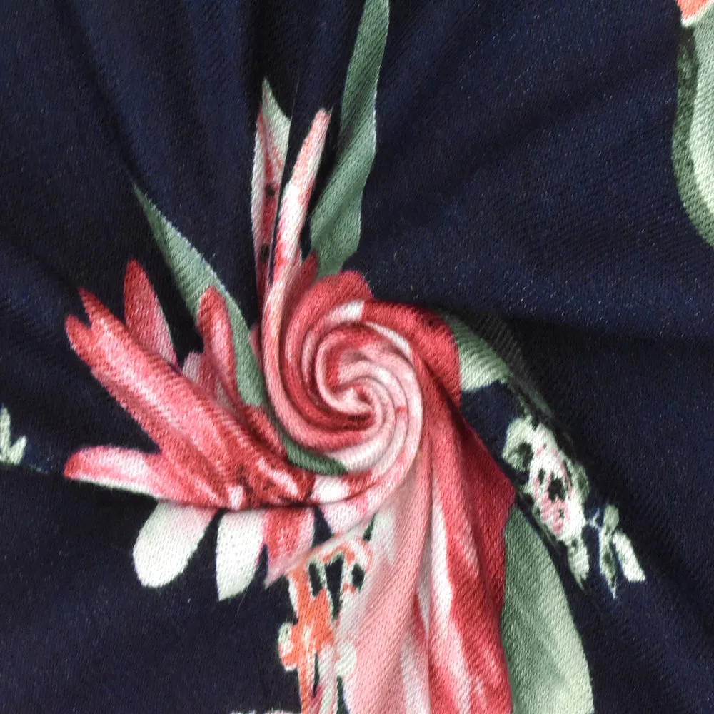 Deep Navy-Pink-Multi Floral Printed Rayon Stretch Jersey Knit Fabric