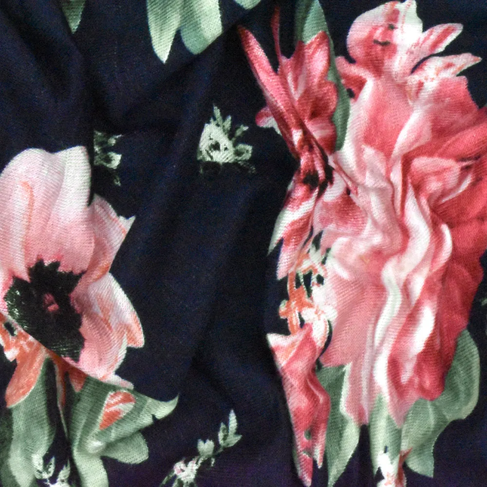 Deep Navy-Pink-Multi Floral Printed Rayon Stretch Jersey Knit Fabric