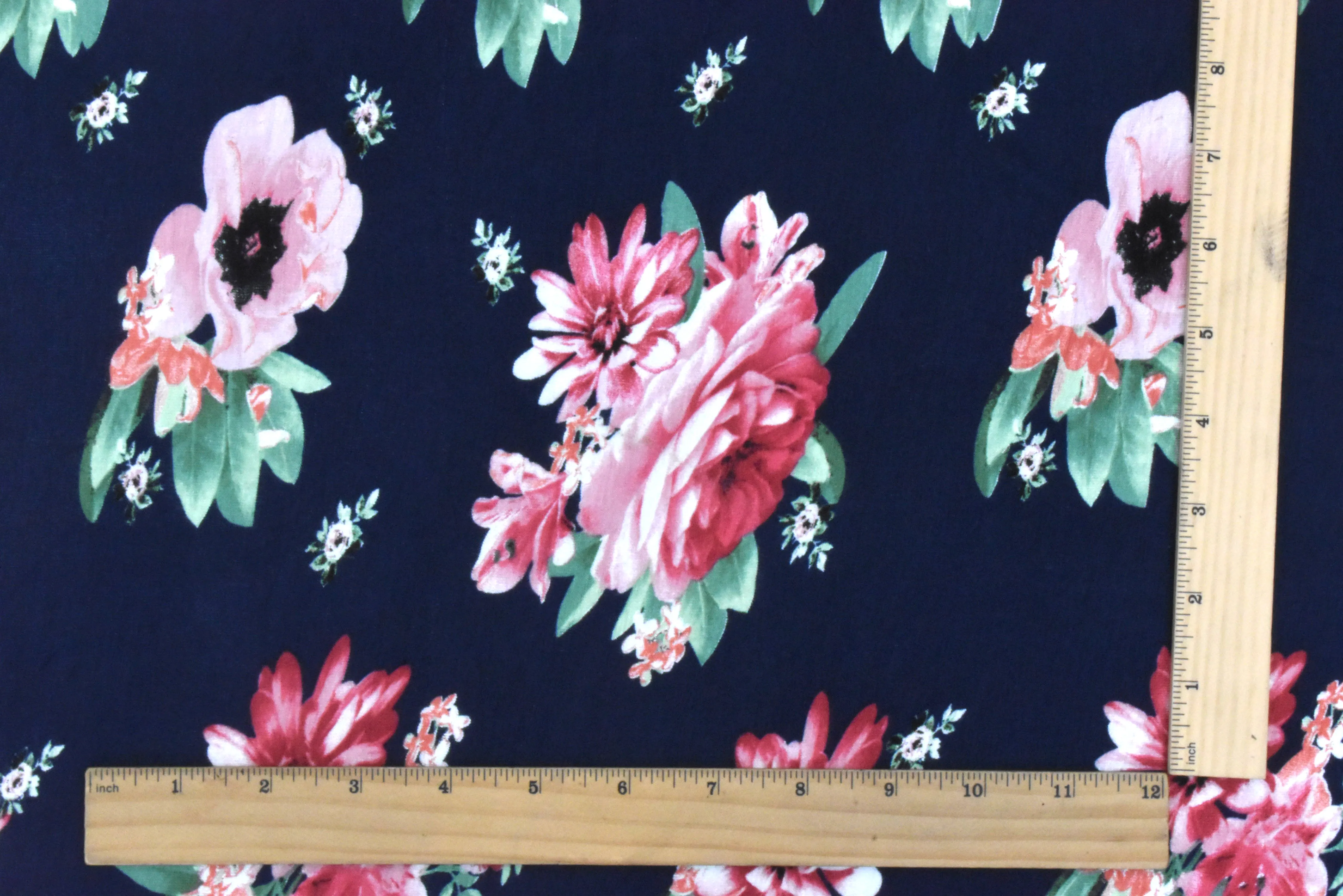 Deep Navy-Pink-Multi Floral Printed Rayon Stretch Jersey Knit Fabric