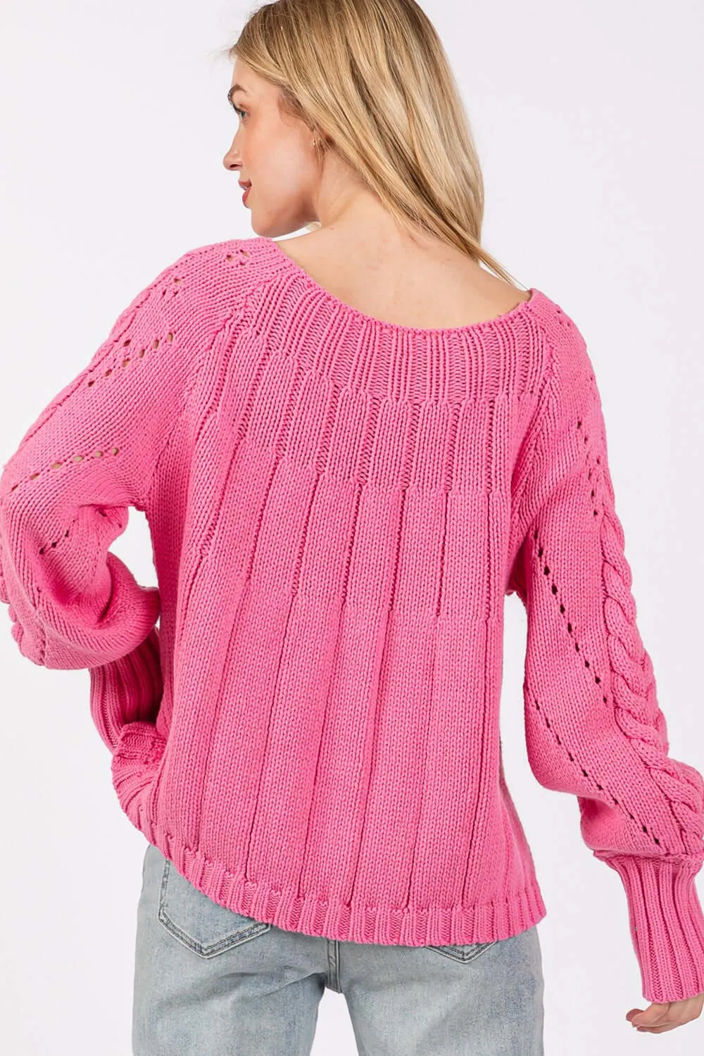 Deep Pink Cable-Knit Long Sleeve Sweater