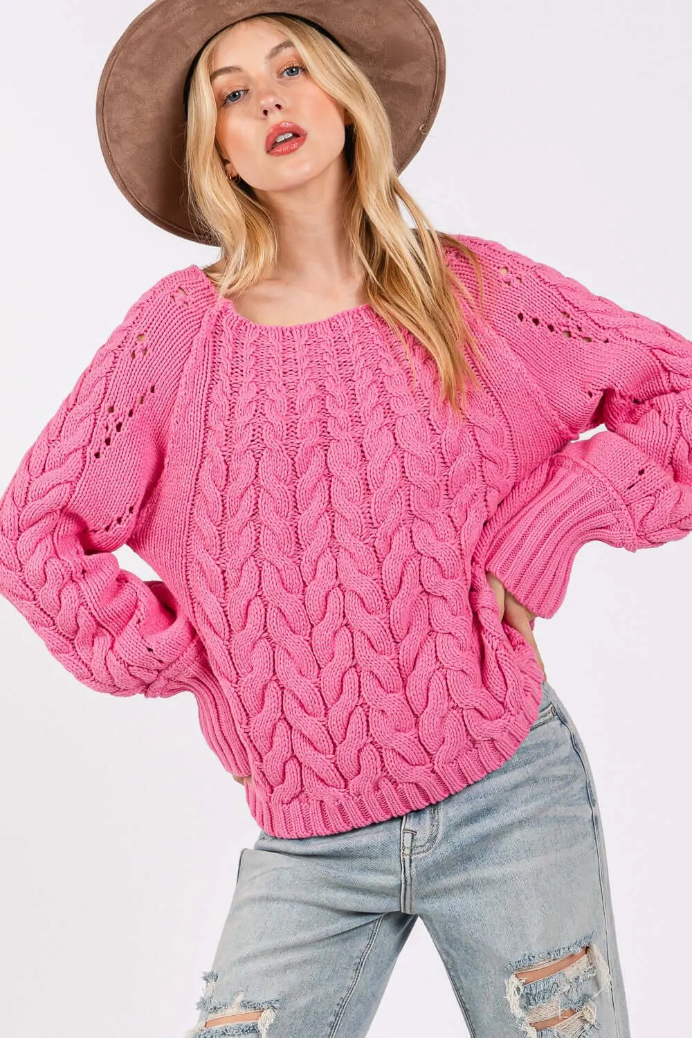 Deep Pink Cable-Knit Long Sleeve Sweater