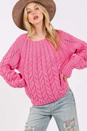 Deep Pink Cable-Knit Long Sleeve Sweater