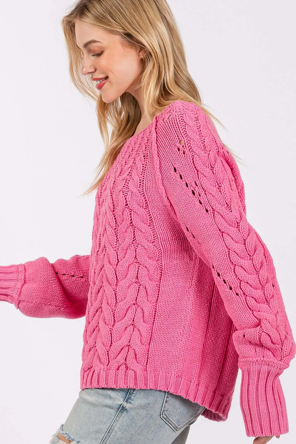 Deep Pink Cable-Knit Long Sleeve Sweater