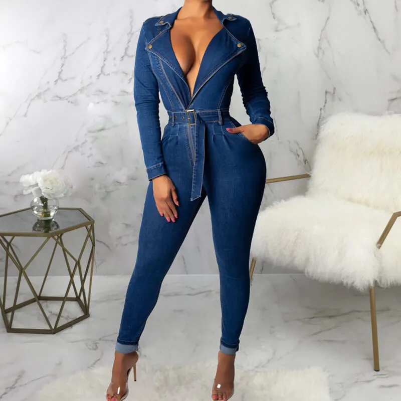 Deep V Neck Belted High Waist Denim Jumpsuit