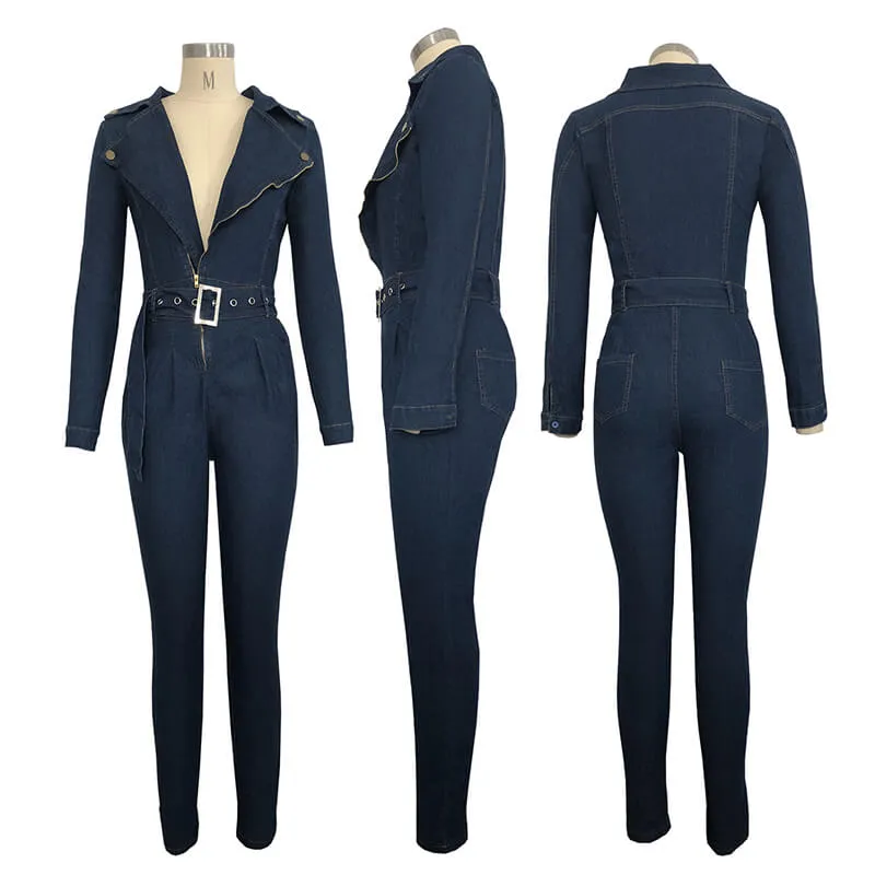 Deep V Neck Belted High Waist Denim Jumpsuit