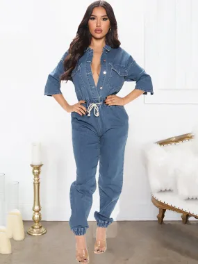 Denim Half Sleeve Drawstring Bodycon Jumpsuits