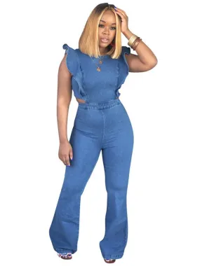 Denim  Ruffle Short Sleeve Jumpsuit