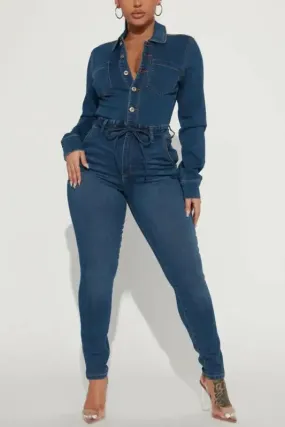 Denim Single-Breasted Tie-Waist Skinny Jumpsuit