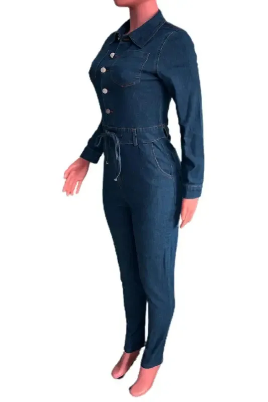 Denim Single-Breasted Tie-Waist Skinny Jumpsuit