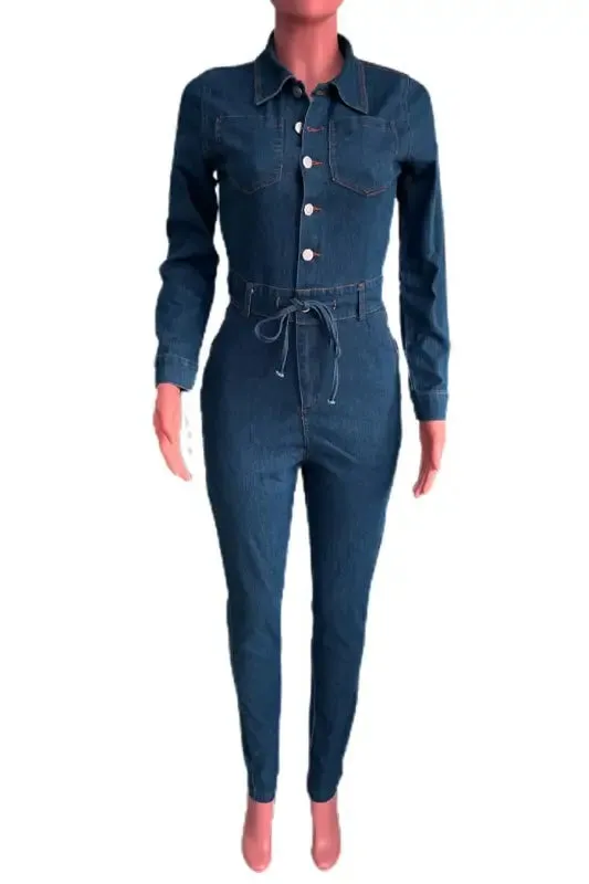 Denim Single-Breasted Tie-Waist Skinny Jumpsuit