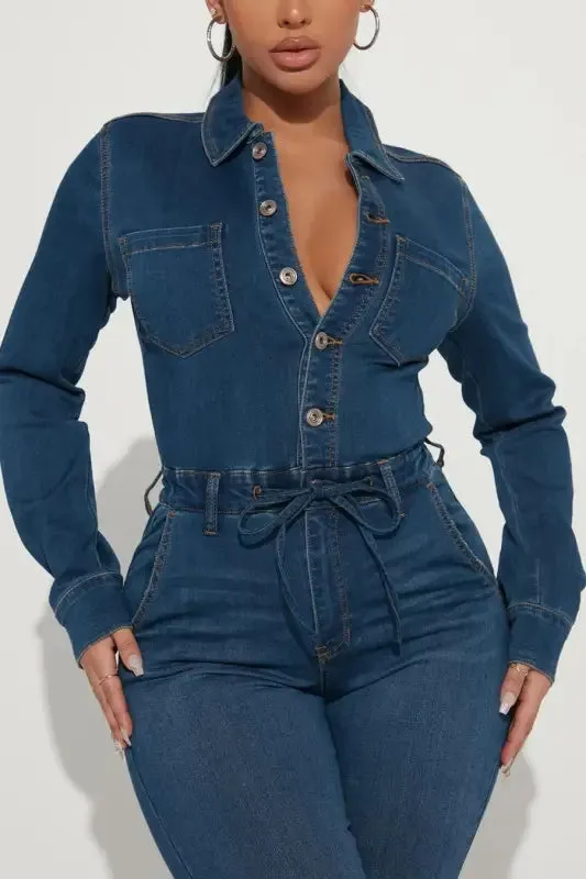 Denim Single-Breasted Tie-Waist Skinny Jumpsuit