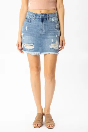 Distressed Denim Skirt With Fray