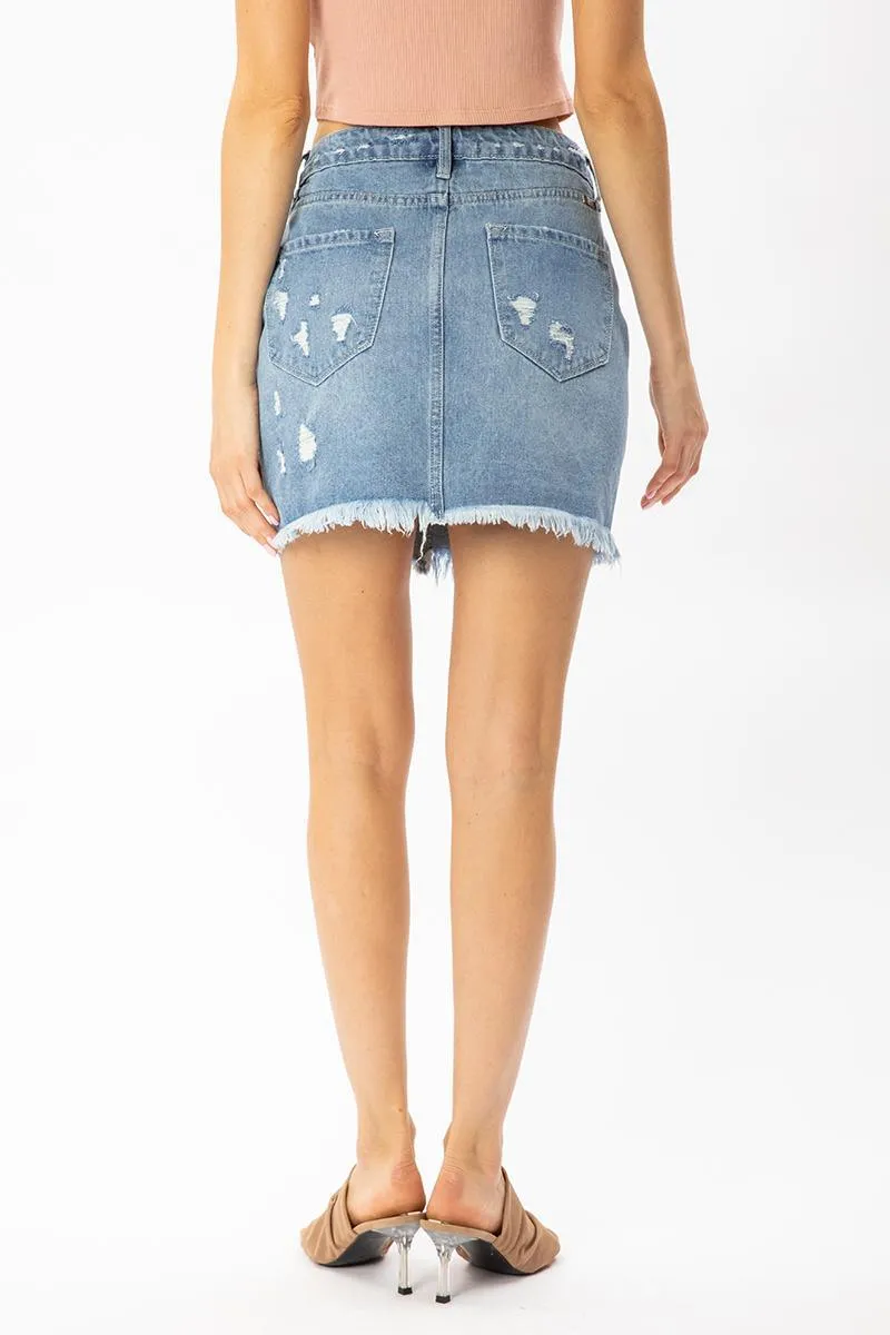 Distressed Denim Skirt With Fray