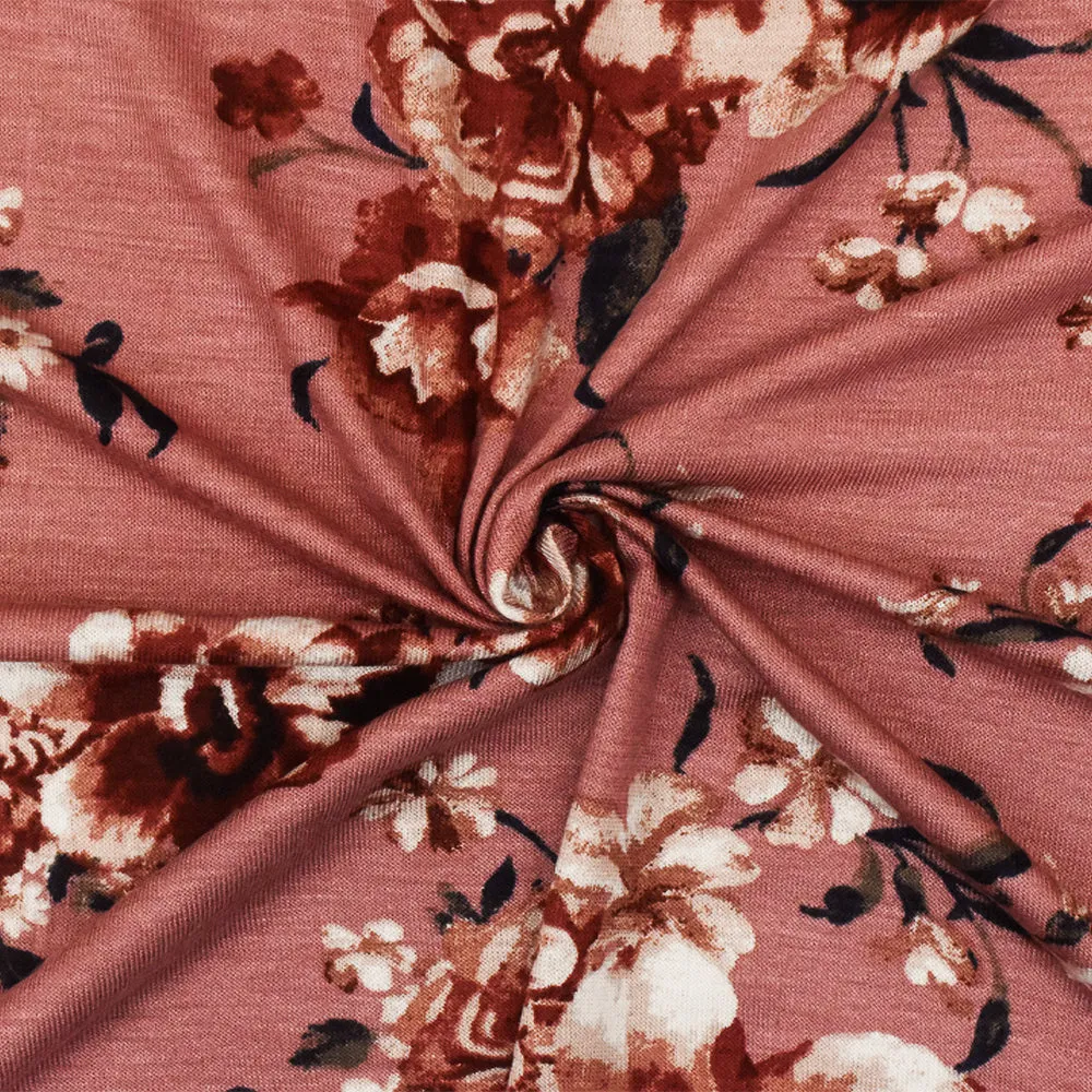 Dusty Pink-Red-Multi Floral Printed Stretch Rayon Jersey Knit Fabric