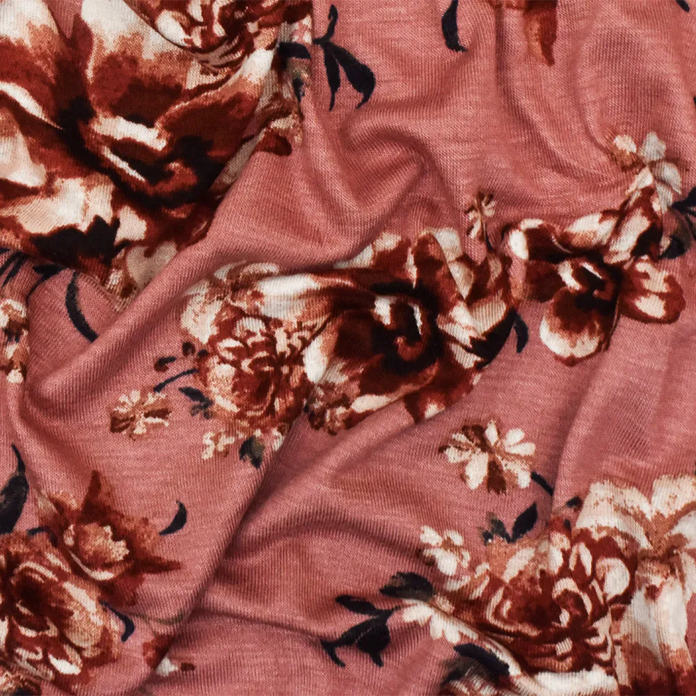 Dusty Pink-Red-Multi Floral Printed Stretch Rayon Jersey Knit Fabric