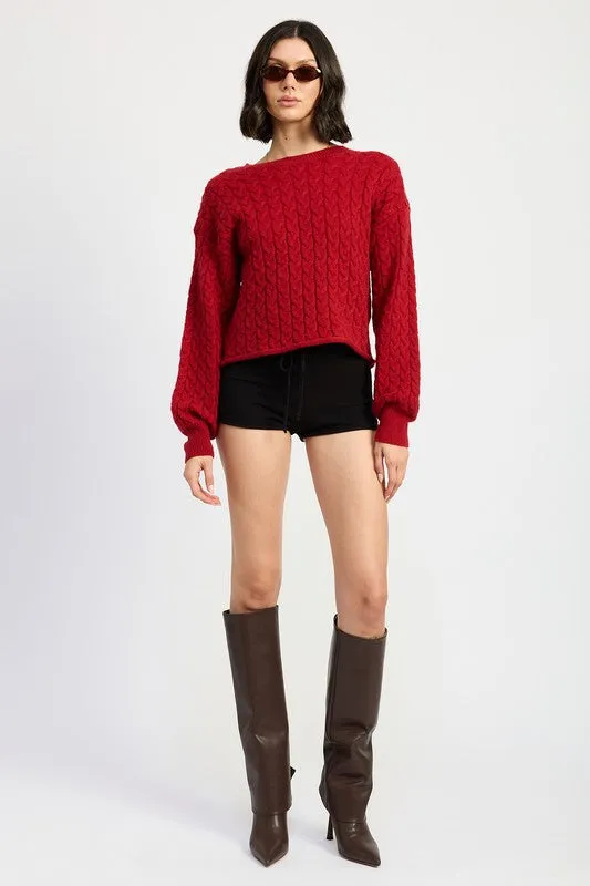 Emory Park Rolled Hem Cable Knit Cropped Sweater