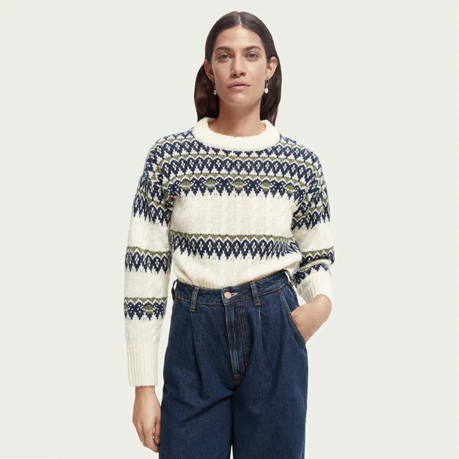 Fair Isle Knitted Cable Pullover (Aged White)