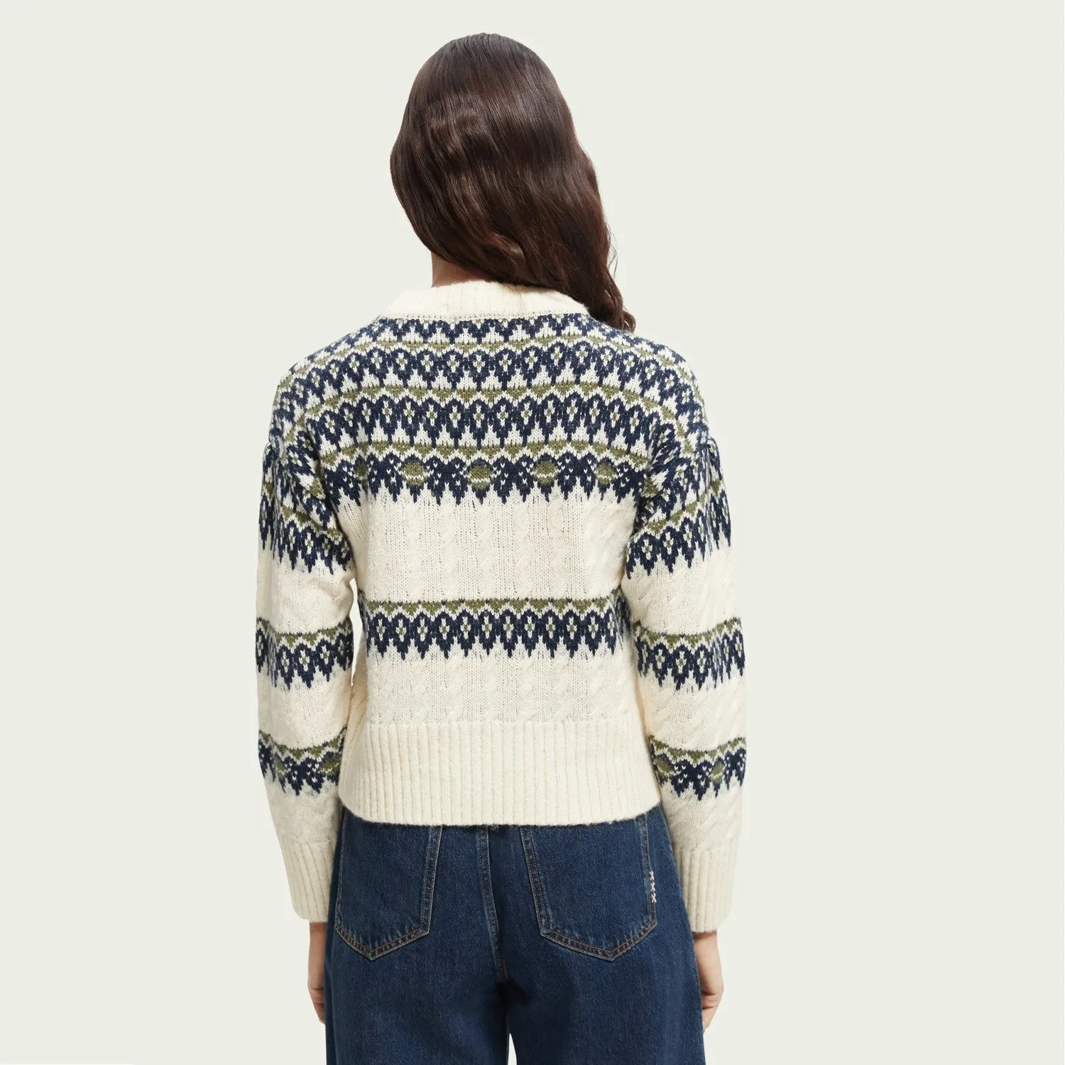 Fair Isle Knitted Cable Pullover (Aged White)