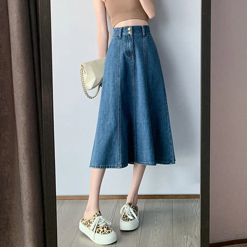 Fashion High Waist A-Line Denim Skirts Double Button Midi Wholesale Skirts