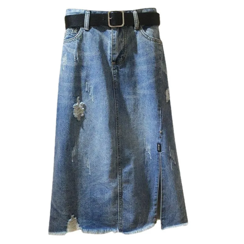 Fashion Ripped A-Line Denim Skirts High Waist Split Midi Wholesale Skirts (Without Belt)