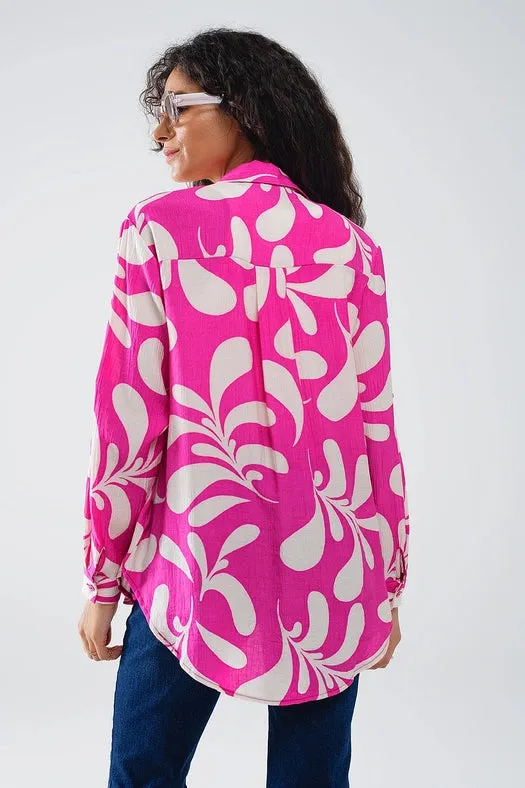 Floral Print Blouse with Polo Collar in Fuchsia