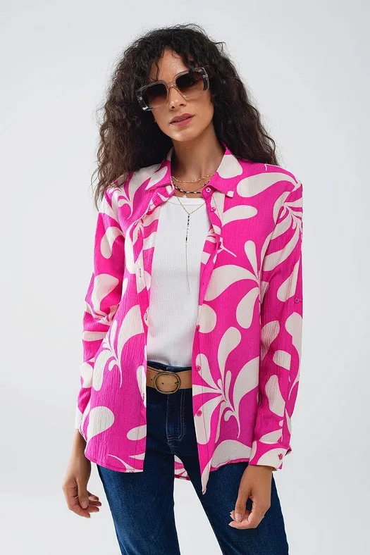 Floral Print Blouse with Polo Collar in Fuchsia