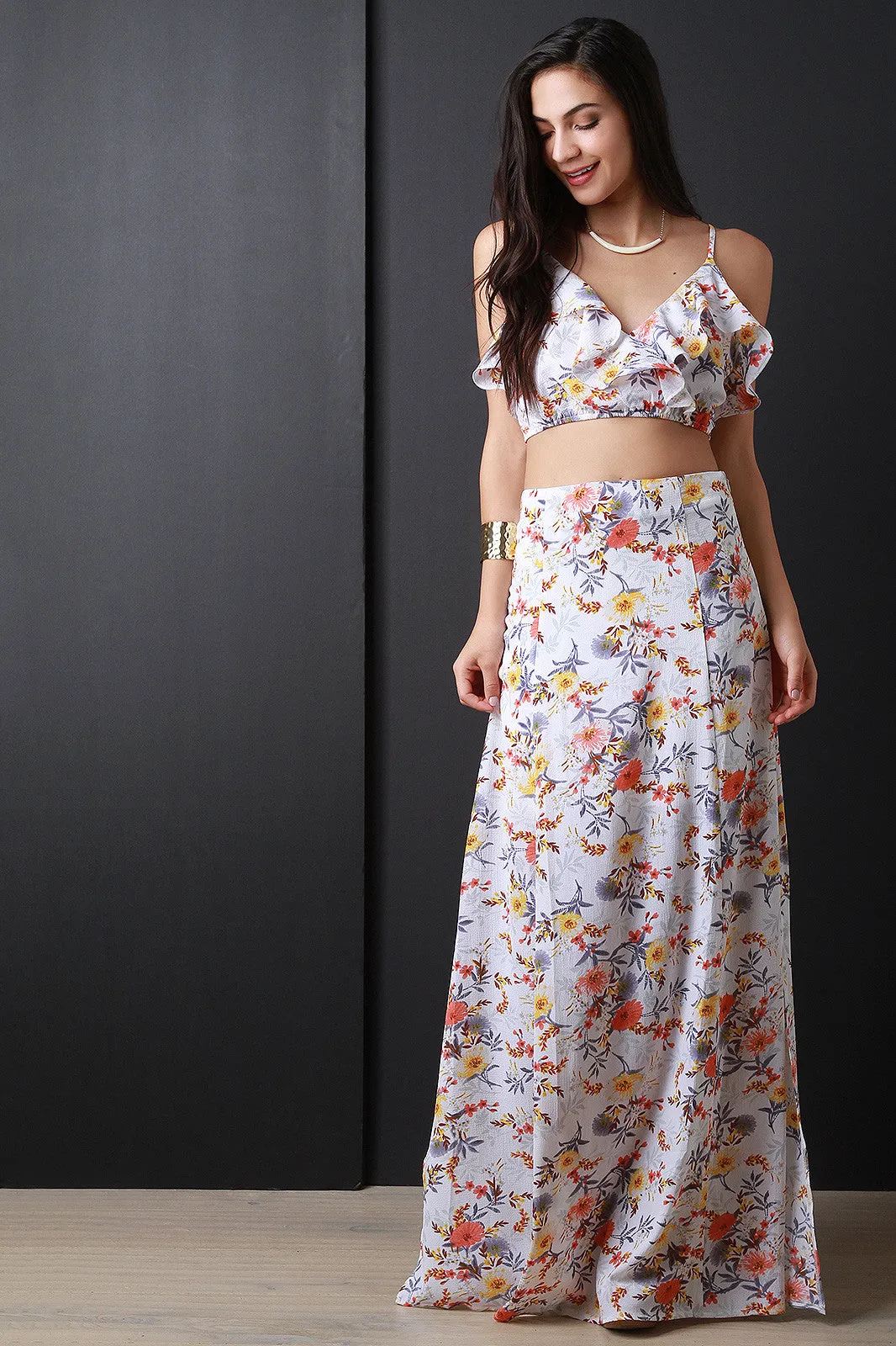 Floral Print Deep Slit Maxi Skirt