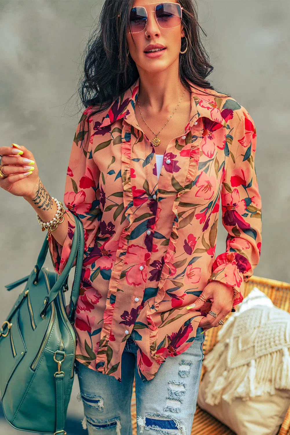 Floral Print Ruffled Long Sleeve Shirt