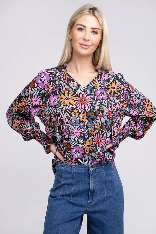 Floral Print Tie V Neck Blouse