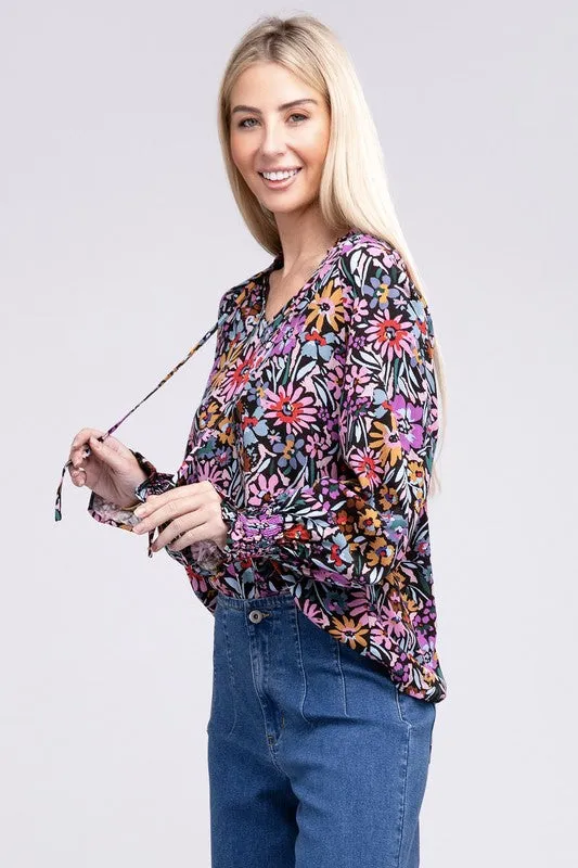 Floral Print Tie V Neck Blouse