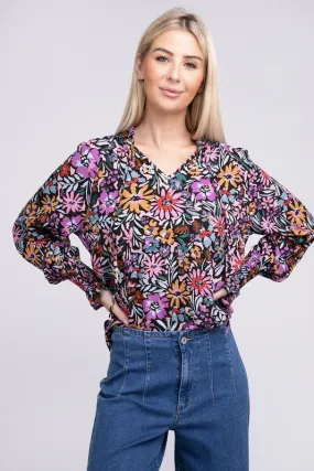 Floral Print Tie V Neck Blouse