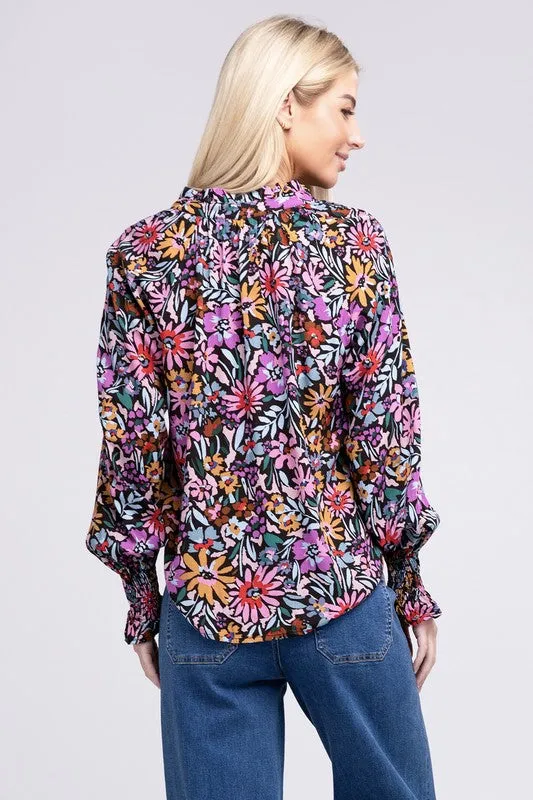 Floral Print Tie V Neck Blouse