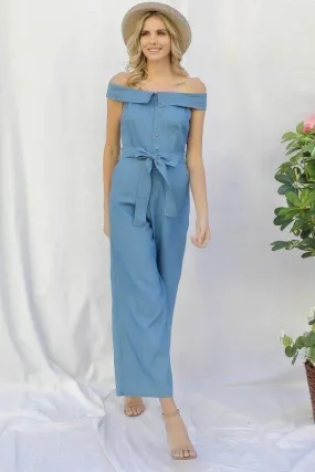 Fold-over Collar Detailed Button Down Off-shoulder Chambray Denim Wide Leg Palazzo Jumpsuit With Waist Tie