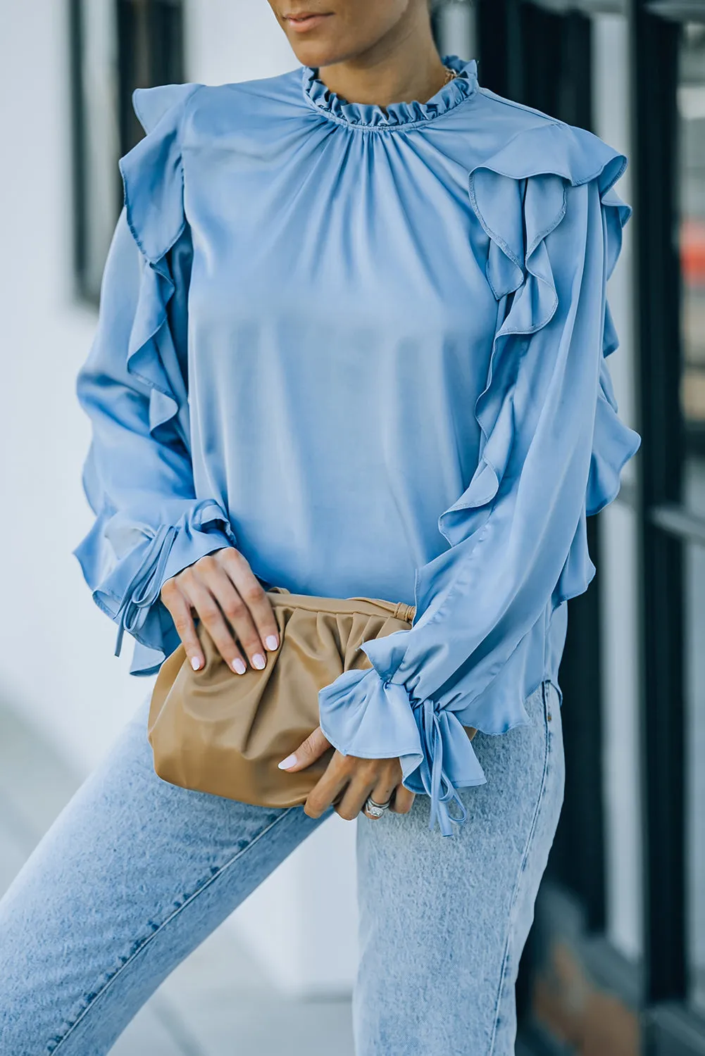 Frilled Neck Ruffled Long Sleeve Blouse