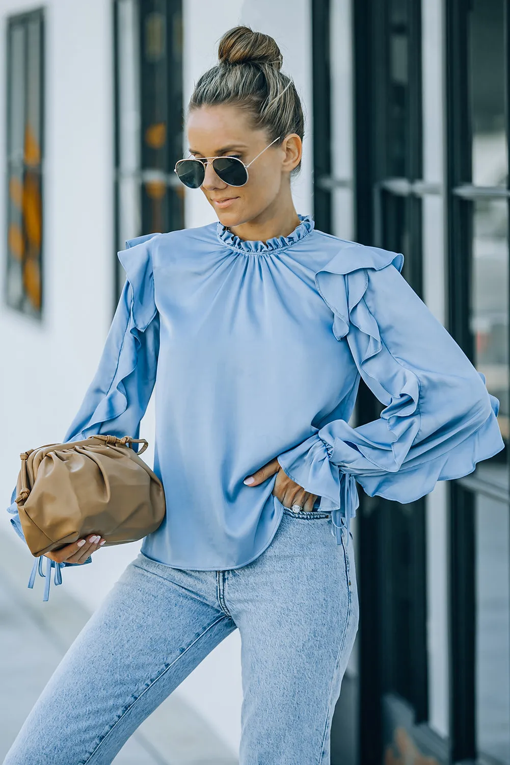 Frilled Neck Ruffled Long Sleeve Blouse