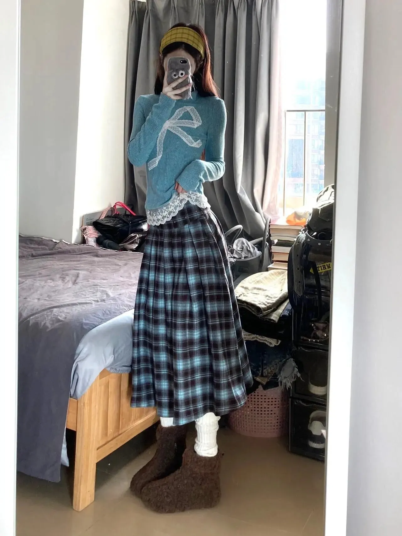 Girlary Women Vintage Korean Mori Girl Outfits 2 Piece Set Long Sleeve Lace Turtleneck Jumper   A-line Mid Long Plaid Pleated Skirts