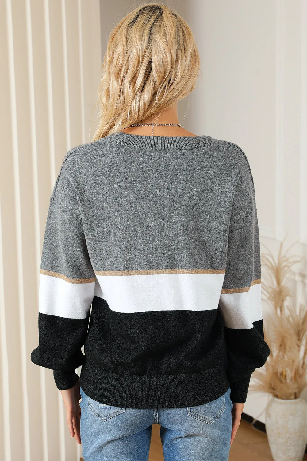 Gray Colorblock V Neck Sweater