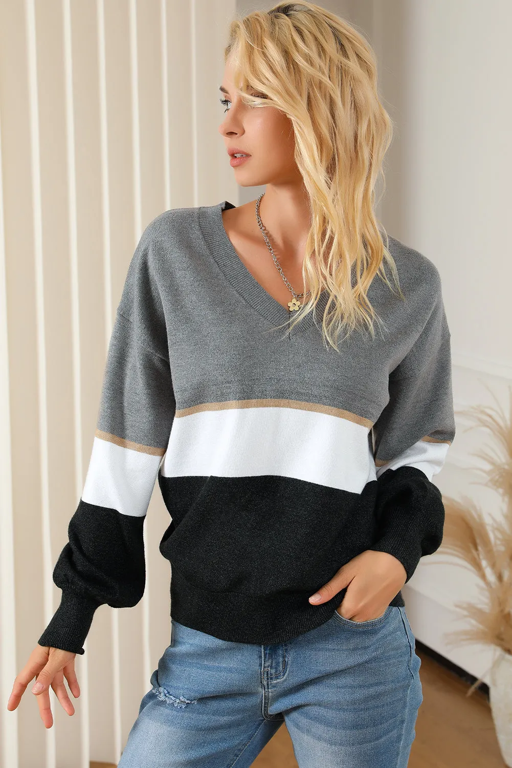 Gray Colorblock V Neck Sweater