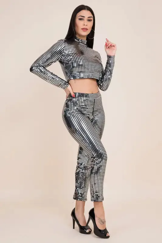 High Neck Smoking Mirrors Crop Top Ankle Pant Set