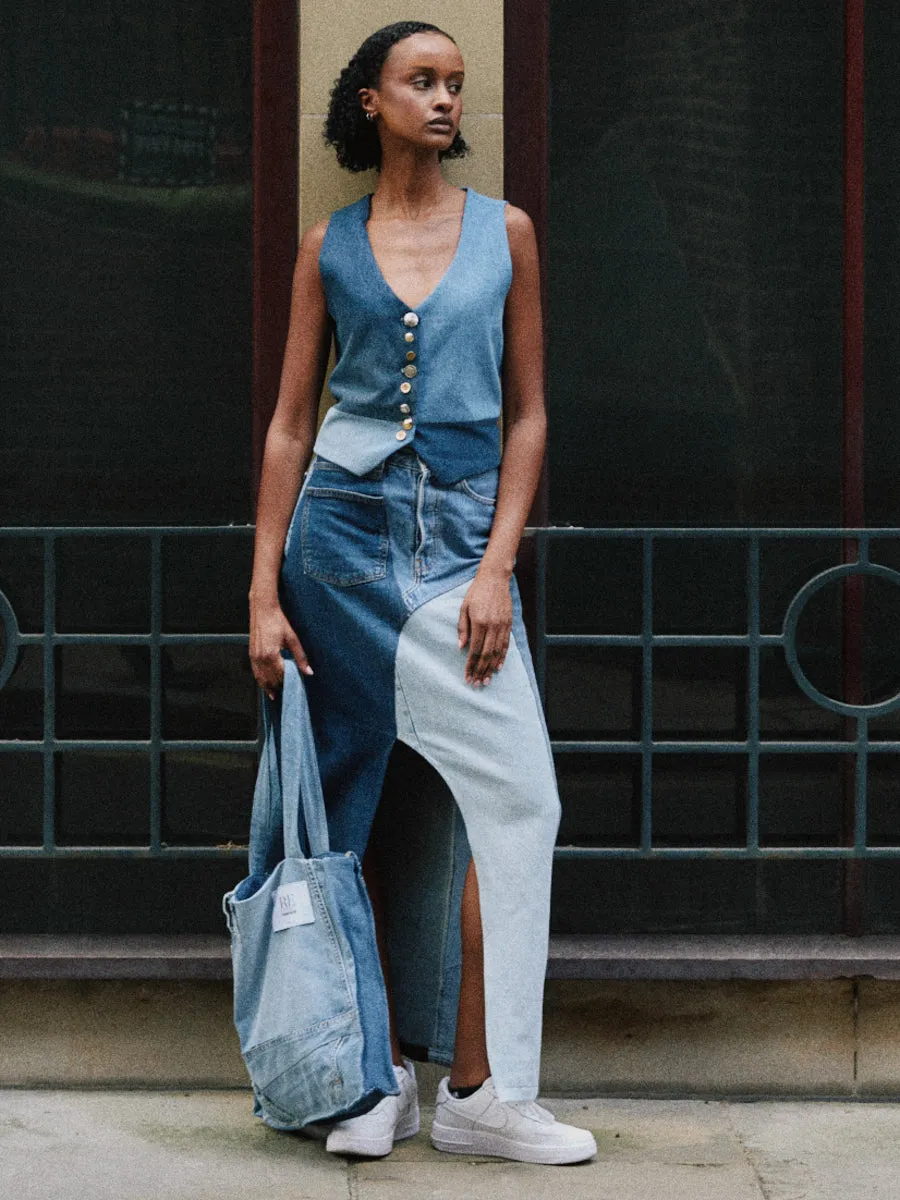 High Waisted Upcycled Patchwork Denim Long Skirt with Slit