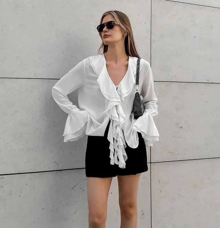 Hnzxzm Chiffon White Ruffled Shirts Women Flare Sleeve Oversize Laminated Flounces Elegant Blouses And Tops Streetwear 2024