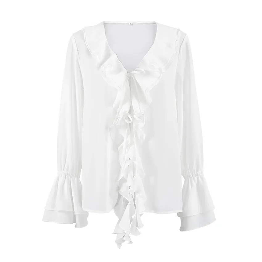 Hnzxzm Chiffon White Ruffled Shirts Women Flare Sleeve Oversize Laminated Flounces Elegant Blouses And Tops Streetwear 2024