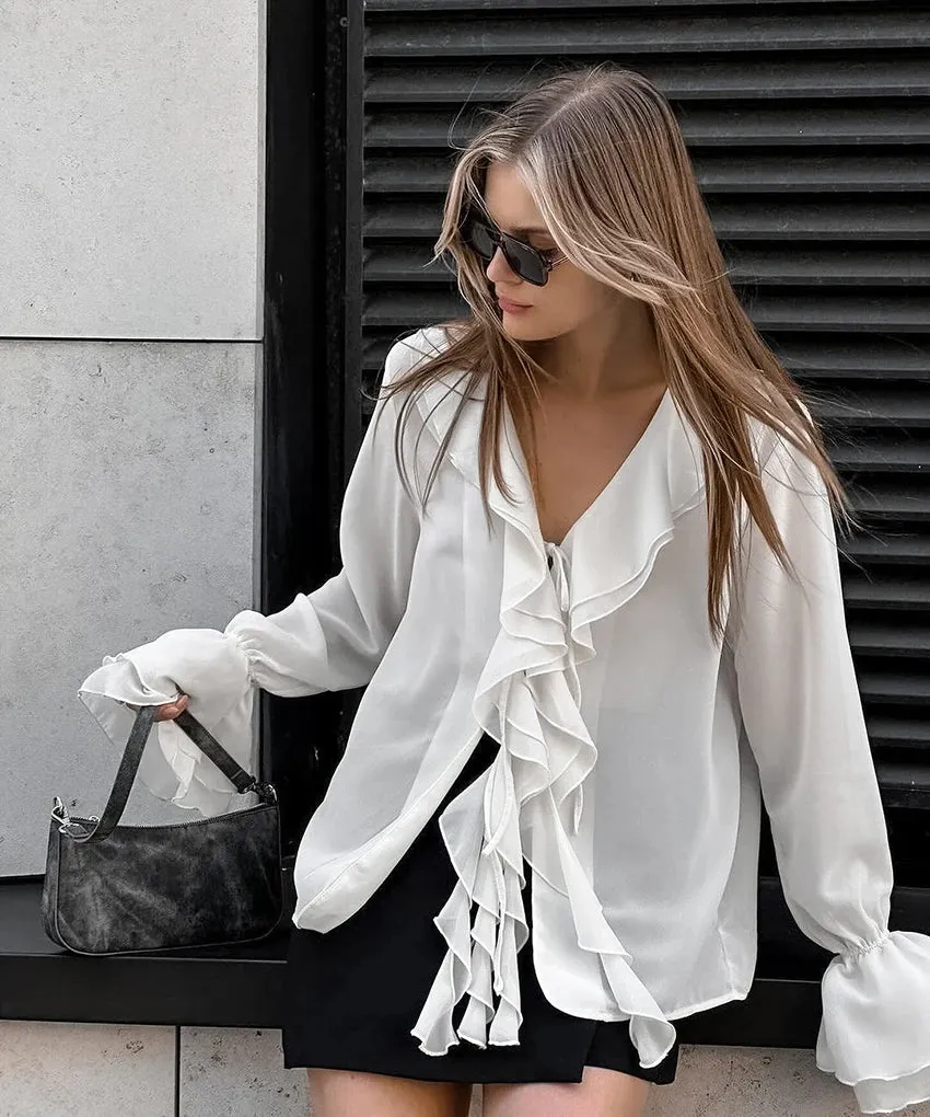 Hnzxzm Chiffon White Ruffled Shirts Women Flare Sleeve Oversize Laminated Flounces Elegant Blouses And Tops Streetwear 2024