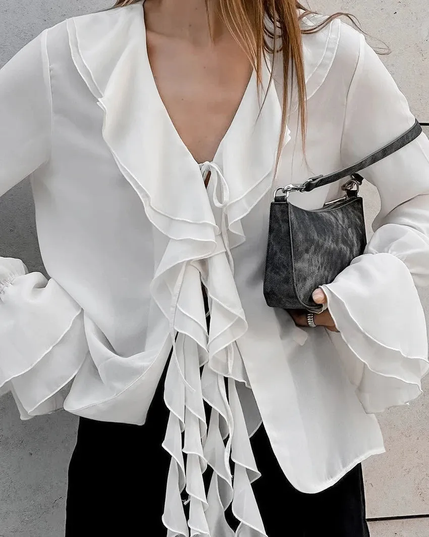 Hnzxzm Chiffon White Ruffled Shirts Women Flare Sleeve Oversize Laminated Flounces Elegant Blouses And Tops Streetwear 2024