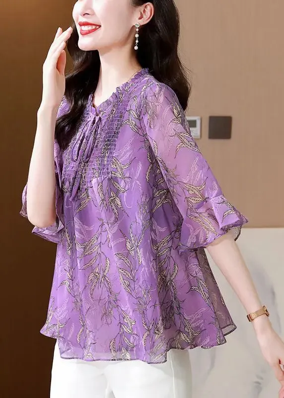 Italian Purple Ruffled Print Chiffon Blouses Summer HA1055