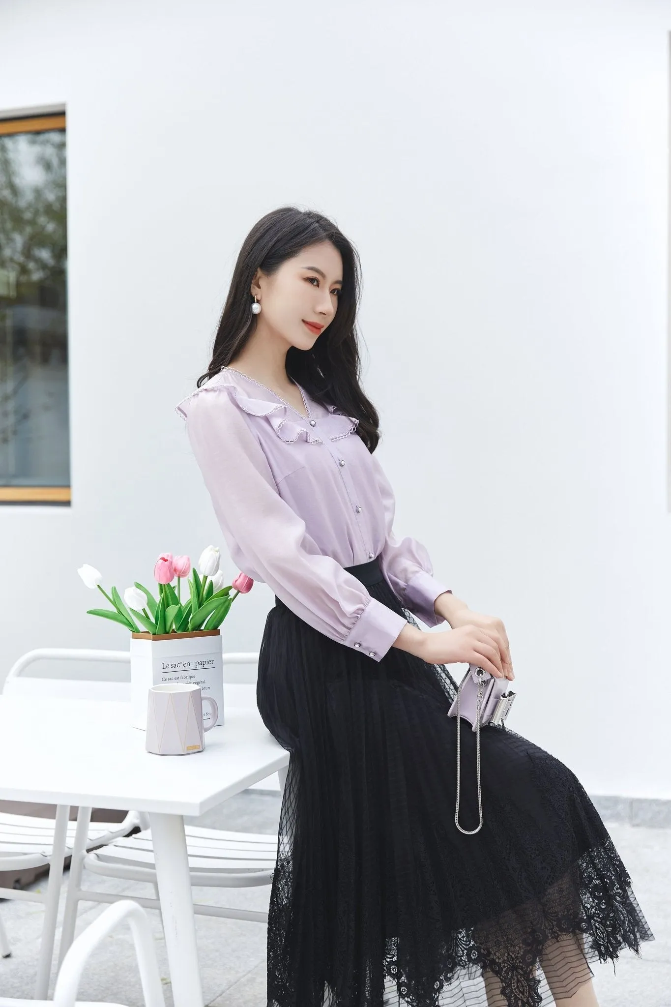 Lavender Ruffled Collar Blouses Shirt