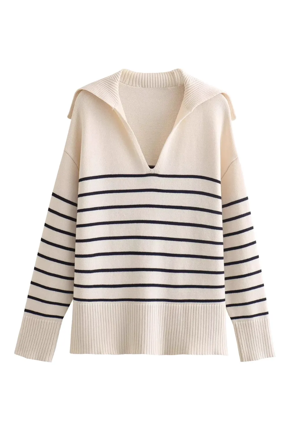 'Lexi' V-Neck Wing Collar Stripe Sweater