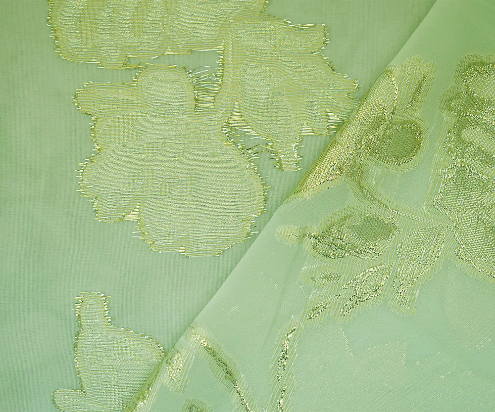 Light Green-Gold-Silver Nylon Metallic Floral Organza Woven Fabric