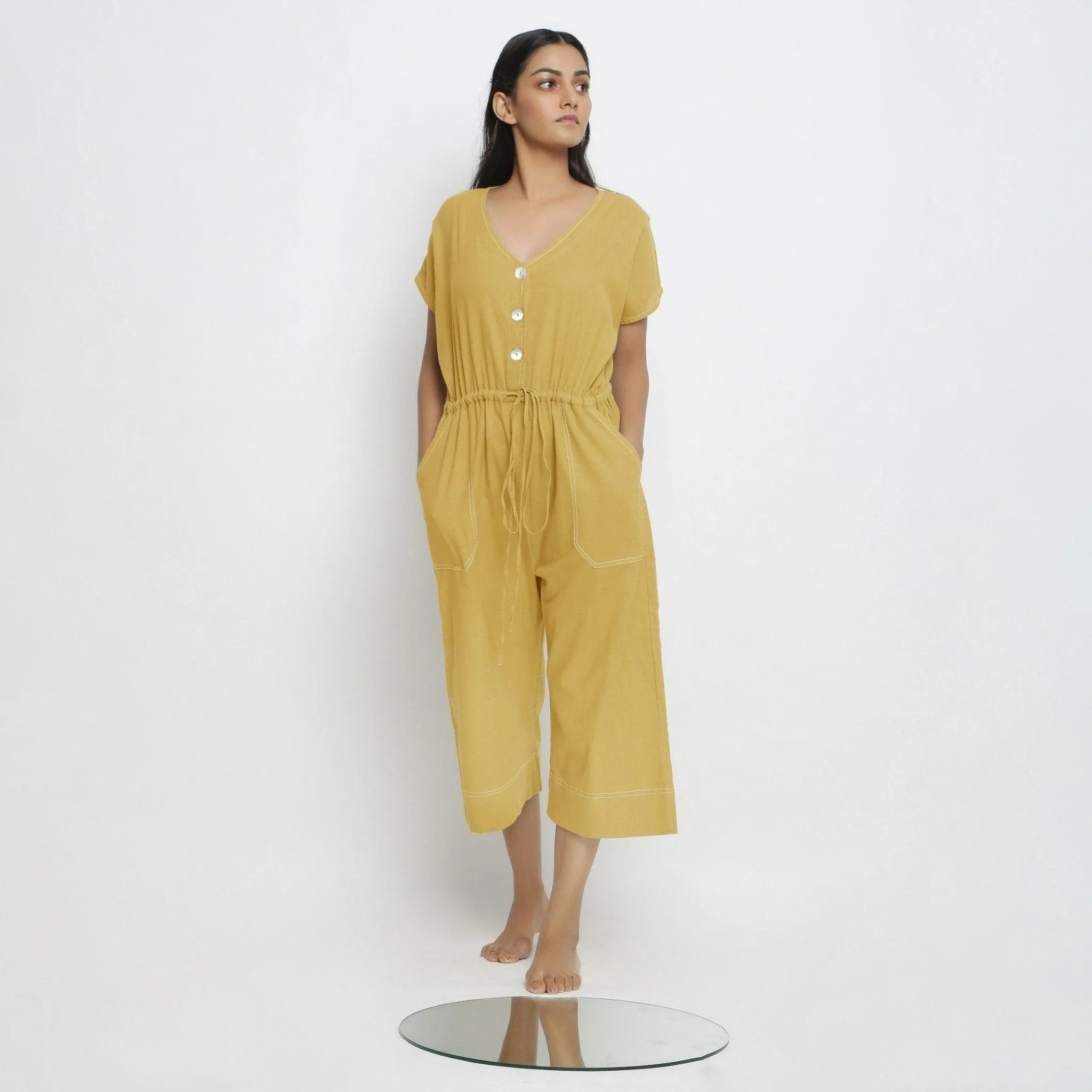 Light Yellow 100% Cotton Button-Down Jumpsuit