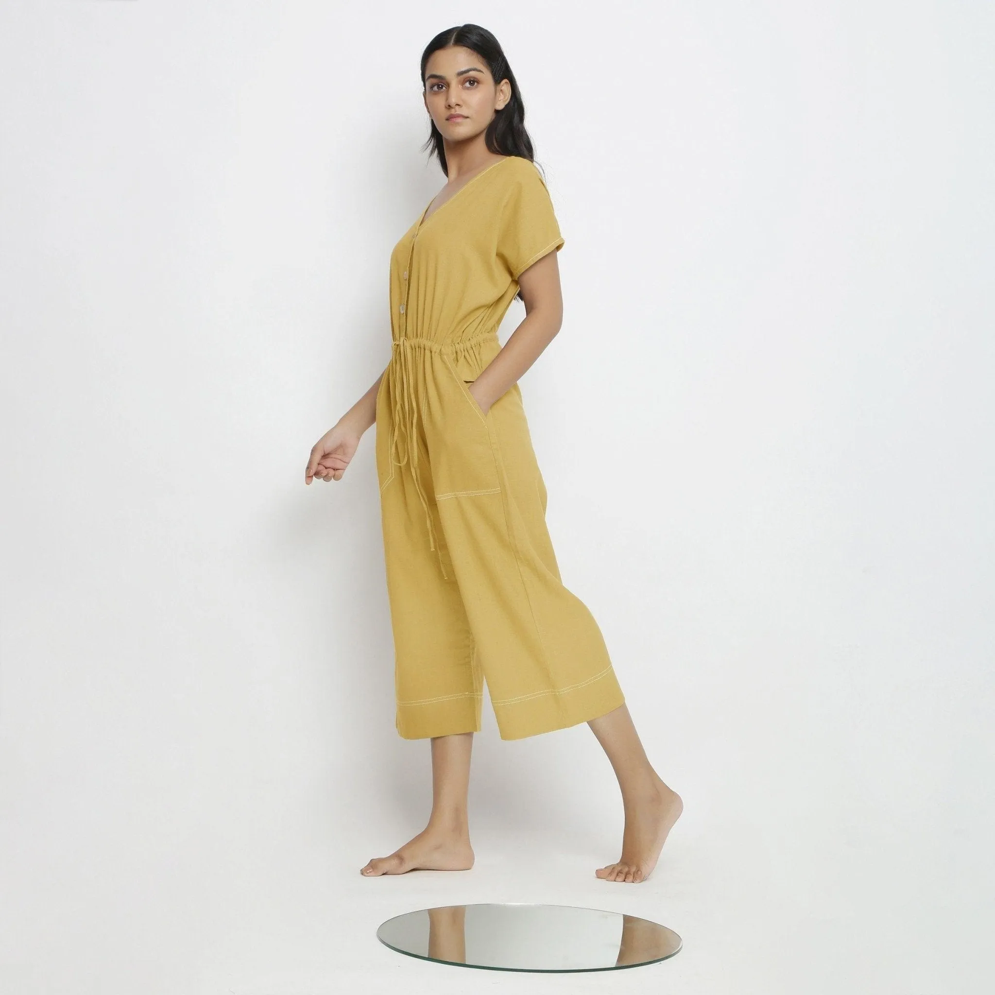 Light Yellow 100% Cotton Button-Down Jumpsuit